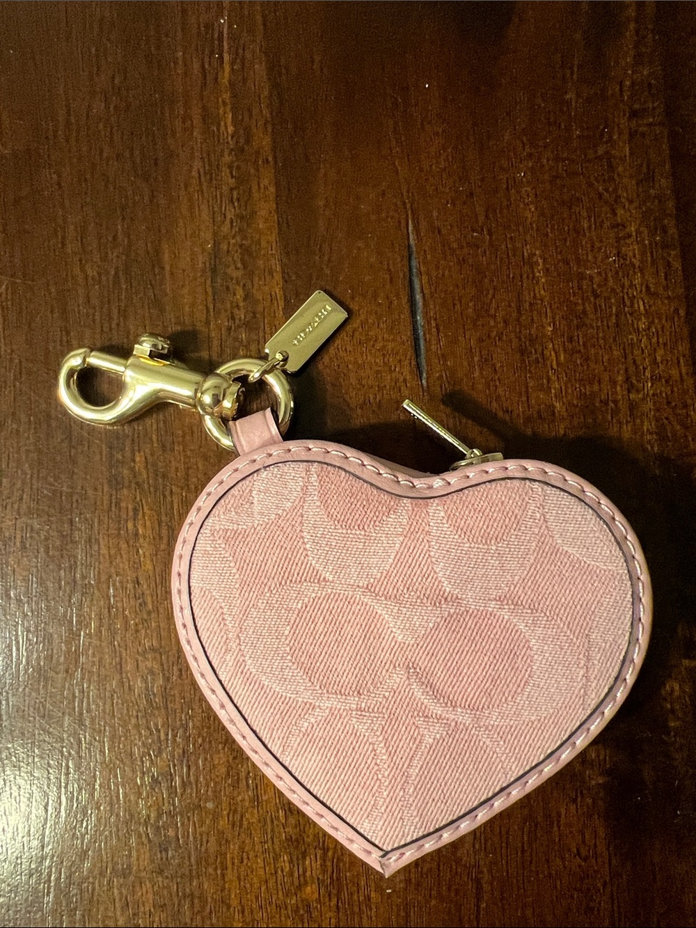 Coach Pink Heart-Shaped Zip Keyring Coin Pouch with Gold Hardware